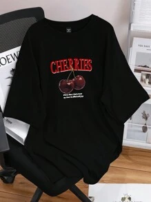 Claim Dot 男士夏季休閒短袖T恤，印有標語和櫻桃圖案 - 黑色 - 查看 1