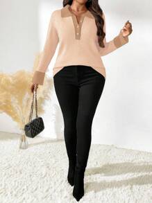 SHEIN LUNE Áo len dệt kim cổ polo tay dài dáng rộng cho nữ cỡ lớn, mùa thu/đông - Màu be - Xem 3