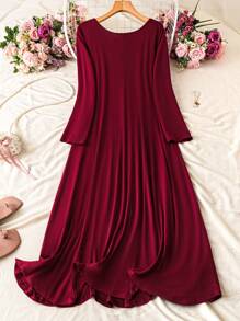 SHEIN LUNE Vestido holgado de manga larga con cuello redondo talla grande para mujer, vestido largo color borgoña