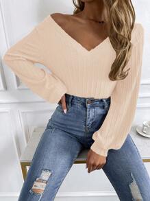 Chiquease V 领罗纹纯色优雅通勤长袖 T 恤 - 杏色 - 查看 6