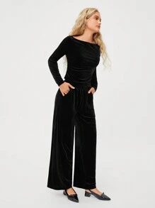 Easelle Women's Solid Color Long Sleeve Top And Wide Leg Pants Loose Casual Velvet Suit, Autumn - Black - View 3