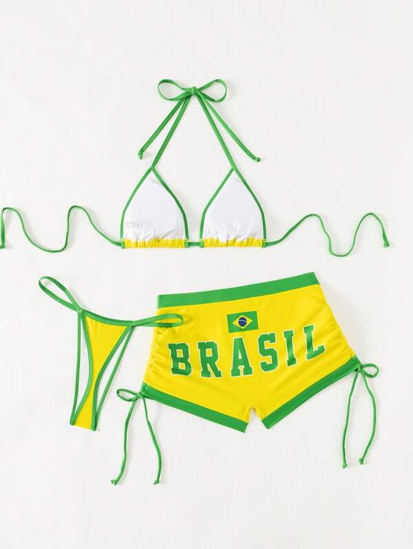 Swim Vcay Set de costume de baie pentru bikini, 3 bucăți, pentru femei, vară, vacanță la plajă, Brazilia, imprimeu cu litere, culori contrastante, cu pantaloni scurți cu șnur
