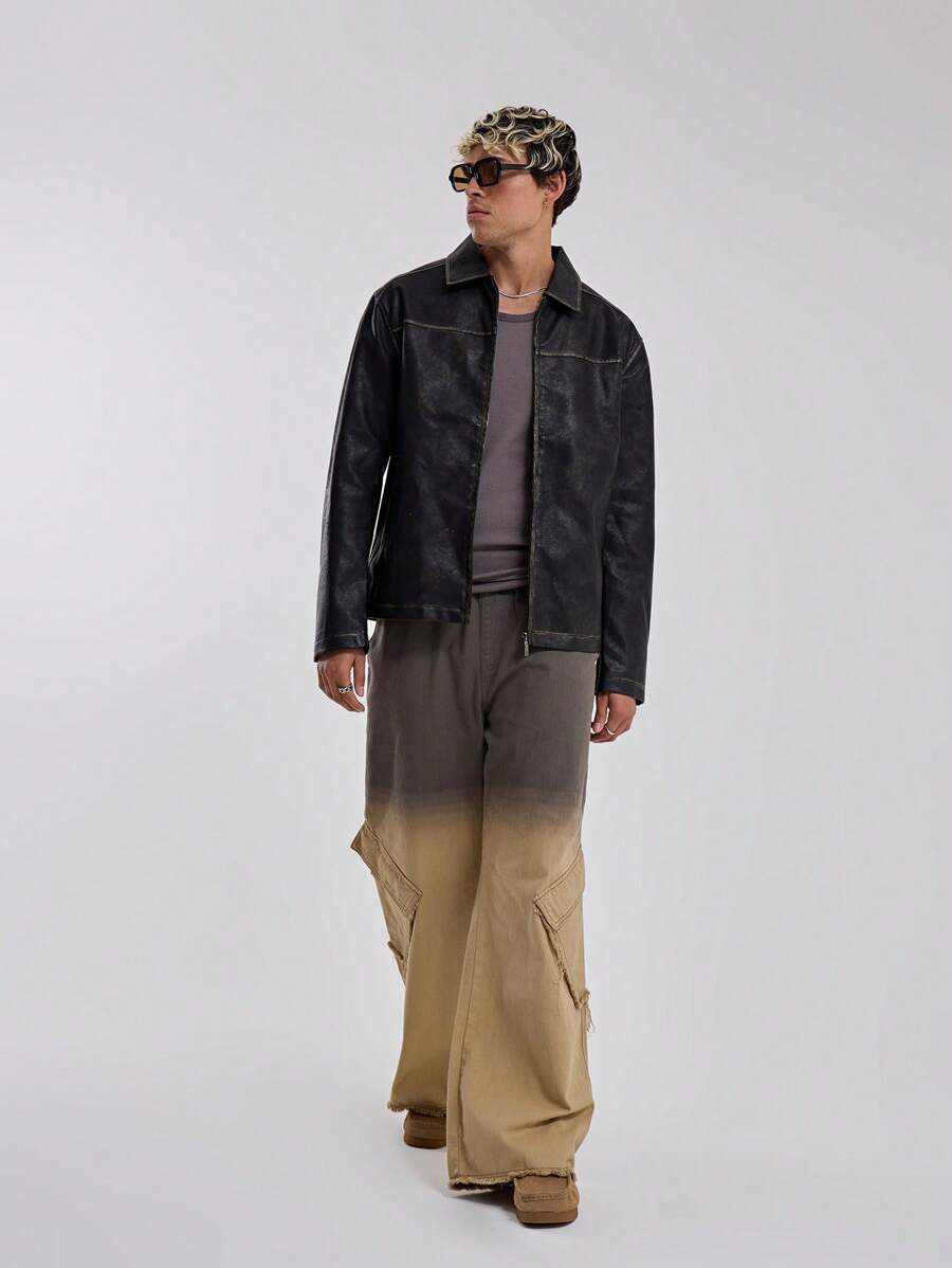 Musero Mens Dipped Acid Wash Wide Leg Jeans Slanted Cargo Style Trouser Bottoms Denim Pants SPRING SUMMER Essentials - Multicolor - View 1