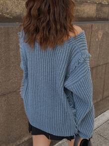 FRIFUL Women Solid V-Neck Drop Shoulder Long Sleeve Fuzzy Patchwork Loose Sweater, Autumn/Winter