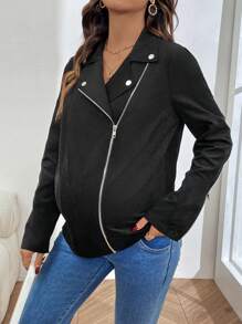 SHEIN Maternity Black Faux Suede Jacket With Metal Button Decoration, Winter Jacket For Women - Black - View 4