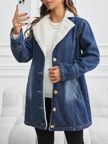 SHEIN Maternity Denim Jacket With Lining, Casual Long Sleeve Fitted Blue