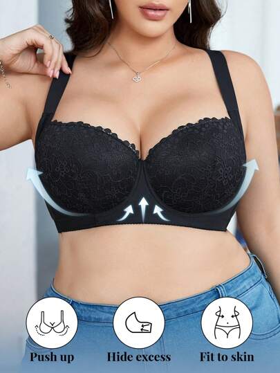 Biustonosz push-up plus size comfort, bezszwowy, z fiszbinami, regulowany, pojedynczy zestaw bielizny, unoszący