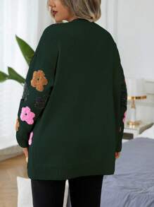 Calvaya Áo len cardigan dài tay cổ chữ V cài nút phía trước họa tiết hoa cỡ lớn, mùa đông - Màu xanh lá cây đậm - Xem 2