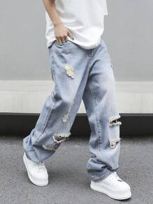 Manfinity EMRG Plus Size Men Distressed Pocket Loose Wide-Leg Casual Jeans - Light Wash - View 4