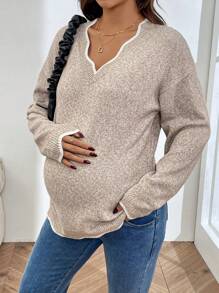 SHEIN Maternity Autumn/Winter Colorblock V-Neck Drop Shoulder Casual Sweater