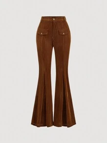 SHEIN MOD 复古前口袋休闲棕色喇叭裤，冬裤，复古裤，度假，天鹅绒裤 - 棕色 - 查看 1