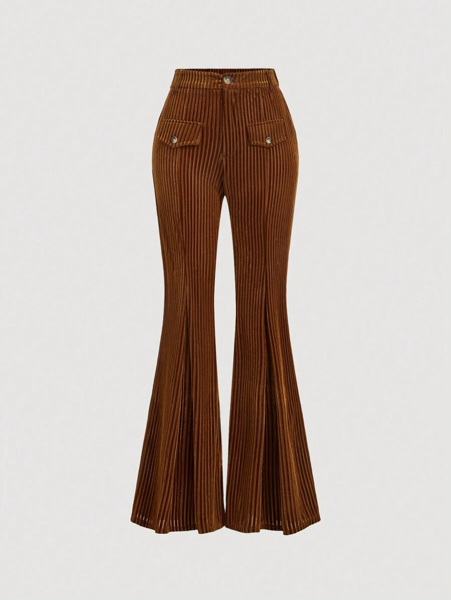 SHEIN MOD 复古前口袋休闲棕色喇叭裤，冬裤，复古裤，度假，天鹅绒裤 - 棕色 - 查看 1