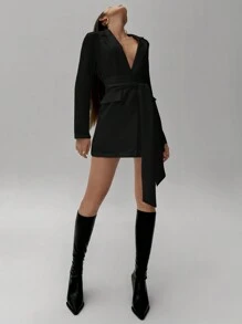 Aloruh 新款秋冬白色高腰收腰女士迷你连衣裙 - 黑色 - 查看 6