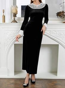 Modelyn Đầm Maxi Nữ Cổ Hoa Pháp Thanh Lịch Lãng Mạn Chiffon Vá Vá Maxi Trang Phục Dạ Hội Dài - màu đen - Xem 4
