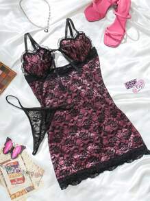 Eraneu Set de 2 piezas vestido camisole con diseño de corazón seductor de encaje y tanga lencería de pijama, sin cables