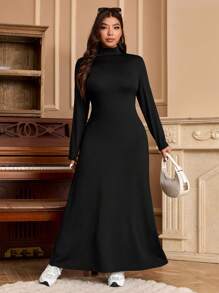 SHEIN EZwear Vestido largo de tela mullida y suave, de cuello alto, elástico y cálido, de talla grande, para otoño/invierno