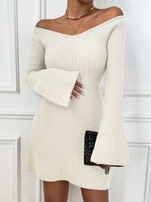 Chiquease 女士 V 领喇叭袖毛衣迷你连衣裙，休闲日常穿着 - 白色 - 查看 6