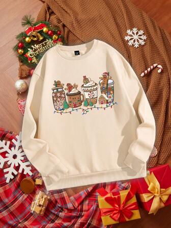 Manfinity Homme Loose Fit Men's Gingerbread Man Graphic Color Block Drop Shoulder Thick Hoodie Sweatshirt, Christmas