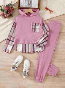 SHEIN 2pcs/Set Tween Girl Loose Knitted Patchwork Plaid Hoodie With Relaxed Hem Sweatpants Set - Pink - View 1