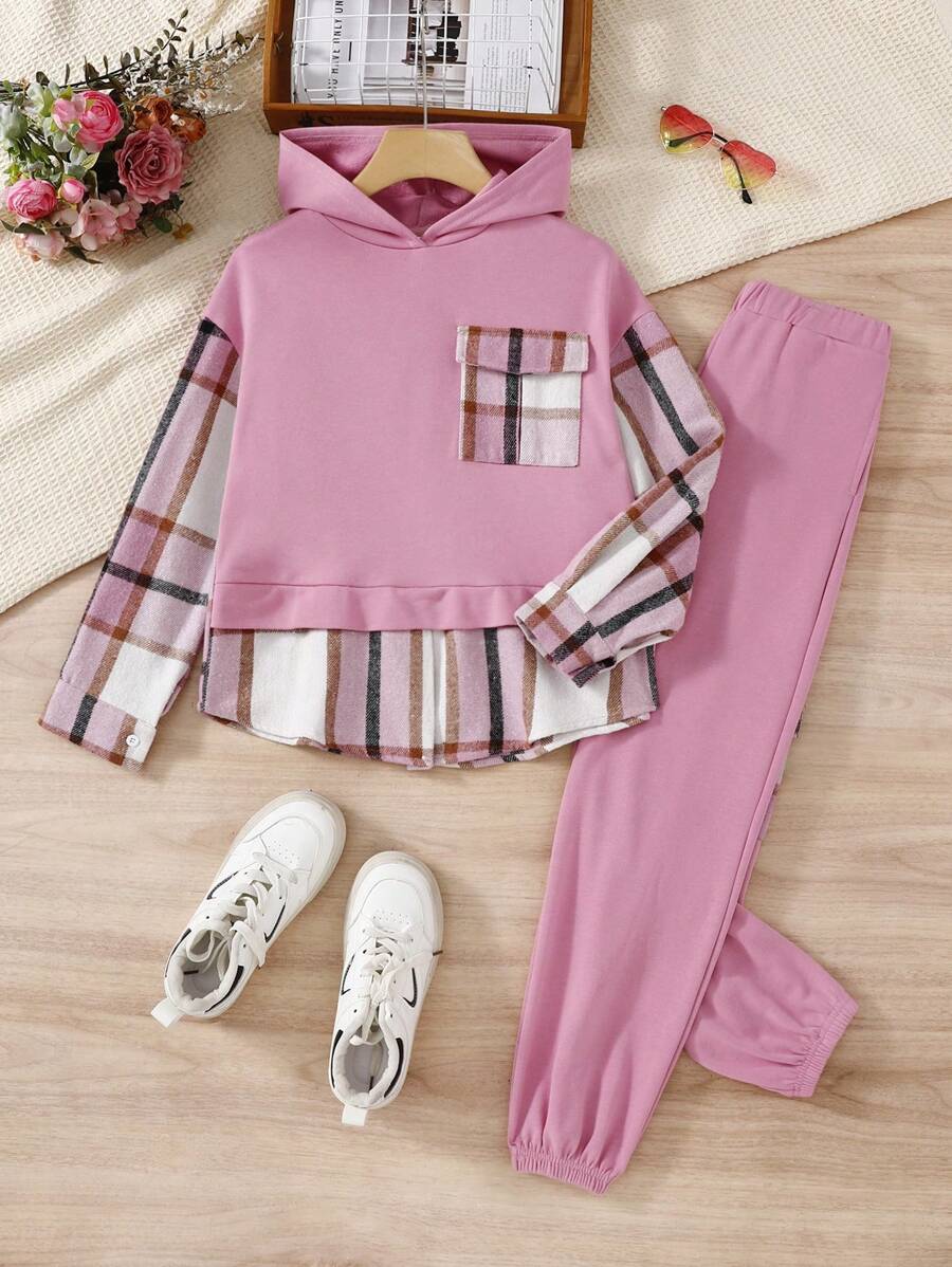 SHEIN 2pcs/Set Tween Girl Loose Knitted Patchwork Plaid Hoodie With Relaxed Hem Sweatpants Set - Pink - View 1