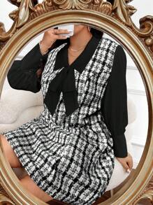 Flirla 大码女式秋季格子拼接二合一长袖优雅连衣裙，适合冬季粗花呢女装 - 彩色 - 查看 1