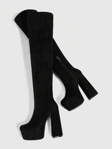 CUCCOO SZL Fashion Black Suede Thick Platform Chunky Heel Over-The-Knee Boots For Women Spring Shoes Spring Break Easter - Black - View 3