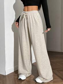 SHEIN EZwear Plus Size Simple Floral Chiffon Ribbed Knit Drawstring Pants