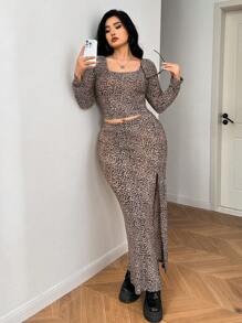 SHEIN EZwear Bộ 2 áo thun co giãn họa tiết da báo cỡ lớn + chân váy xẻ tà cao, 2 món trang phục mùa thu - Nhiều màu - Xem 4