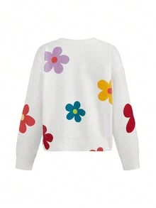 Caroline Law Artist Y2K Style Colorful Floral Pattern Round Neck Sweater For Women, Holiday, New Year, Thanksgiving, Winter, Vacation, Festival, Ibiza Fits - White - View 2