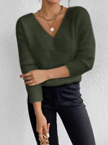 EMERY ROSE V-Neck Minkette Sweater, Slouchy Casual Soft Comfy Long Sleeve Pullover Top, Autumn/Winter Knit Pullover Fall Outfit - Army Green - View 5