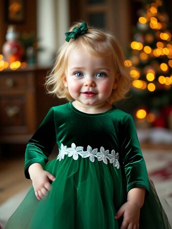 SHEIN Robe bébé fille en velours vert avec broderie florale et contraste en maille
