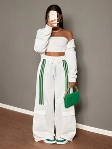 Slaydiva Women's Casual Drawstring Waist Color Block Pockets Wide Leg Pants, Winter