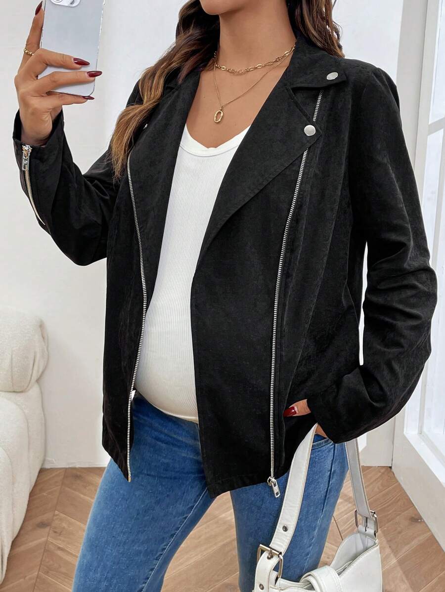 SHEIN Maternity Black Faux Suede Jacket With Metal Button Decoration, Winter Jacket For Women - Black - View 1