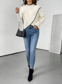 Chiquease 女士秋季拼色多层下摆落肩长袖针织毛衣，时尚休闲套头衫