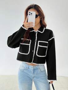 SHEIN PETITE Contrast Binding Cropped Overcoat For Autumn & Winter - Black - View 6