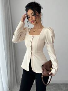 Elenzga Women's Elegant Party & Work Solid Color Square Neck Button Up Puff Sleeve Fitted Long Sleeve Blouse, Spring/Autumn Women Shirt