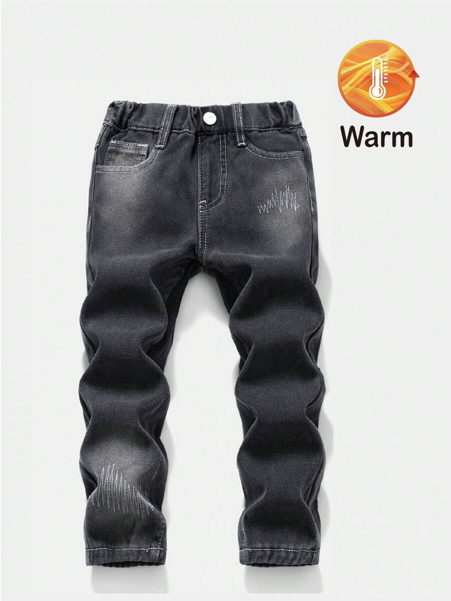 Young Boys Black Thermal Lined Casual Jeans, Comfortable Warmth, Simple Matching - Black - View 1