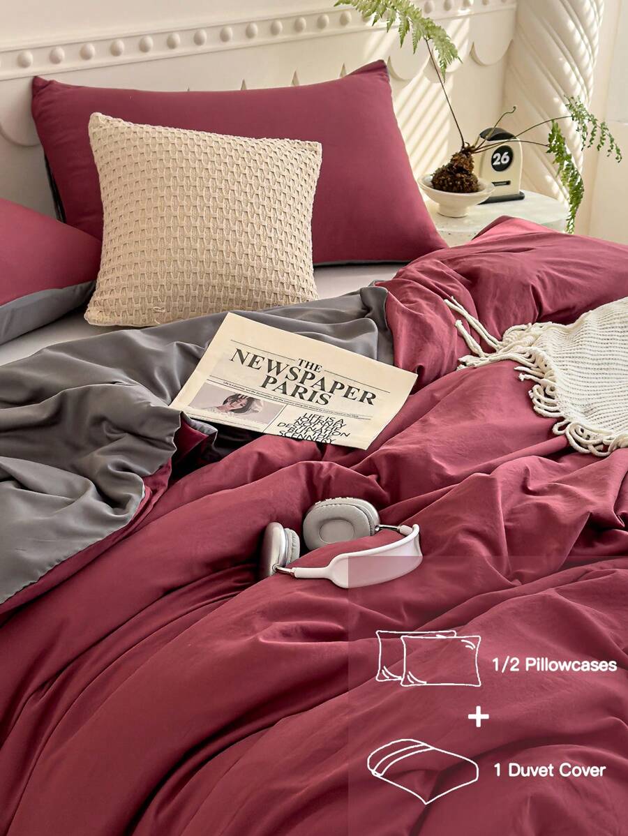 2/3 Piece Soft Duvet Cover Set - Premium Luxury Bedding Set, Includes 1 Duvet Cover And 1/2 Pillow Shams - Affordable Price, High Quality, Available In Twin, Full, Queen, King Sizes, Suitable For School Use - Burgundy - View 1