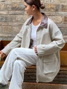 DAZY Women Regular Fit Contrast Color PU Collar Loose Jacket Fall,Winter Women Coats - Grey - View 1