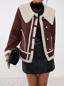 Muchica Áo khoác rộng tay dài cổ lông màu trơn Unity Ladies Thermal Lined Colorblock, hàng khuy đơn, áo khoác giữ nhiệt ấm áp mùa thu/đông thời tiết lạnh tuyết dành cho nữ trang phục ngày lễ - Màu Đỏ Sâu - Xem 4