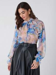 Enchnt Women Ruffled Cuff Sheer Allover Floral Print Elegant Work Long Sleeve Blouse,Fashionable For Daily Wear,For Christmas Party&Romantic Dinner Dates - Blue - View 4