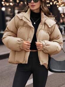 EURMUSE Drawstring Hem Hooded Drop Shoulder Quilted Women's Crop Down Jacket - Cream - View 8