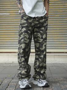 Manfinity EMRG Men All-Over Print Pocket Casual Loose Fit Jeans - Army Green - View 5