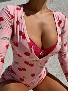 INAWLY 女士纽扣长袖樱桃印花褶皱连体裤，散发迷人性感魅力