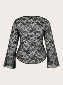SHEIN EZwear Plus Size Women Sheer Lace Flare Sleeve Self-Tie Front Top - Black - View 2