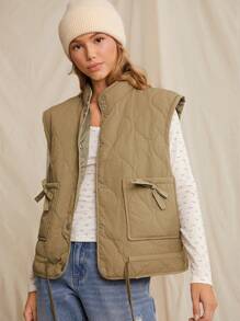 WESTFADE Spring Bow Pockets Quilted Puffer Vest Top Nashville Outfits - Army Green - View 1