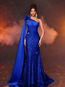 Glamrae 1 件优雅不对称领口花卉装饰侧垂亮片拼接缎面美人鱼礼服，舞会晚礼服，适合婚礼宾客、毕业典礼、晚宴、派对礼服 - 寶藍色 - 查看 6