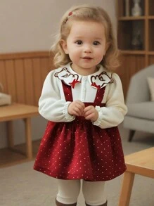 SHEIN Baby Girls Embroidered Bear 2 In 1 Princess Dress, Autumn/Winter