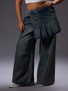 MUSERA Plus Size Pleated Skirt Layered Denim Jeans For Going Out, Party, Club, Rave, Ibiza, Concert, Festival, Sexy, Date Night - Blue - View 2