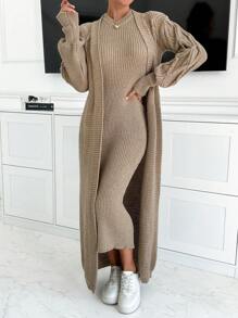 RueChic 女士纯色圆领长袖长裙和外套套装，休闲日常穿着